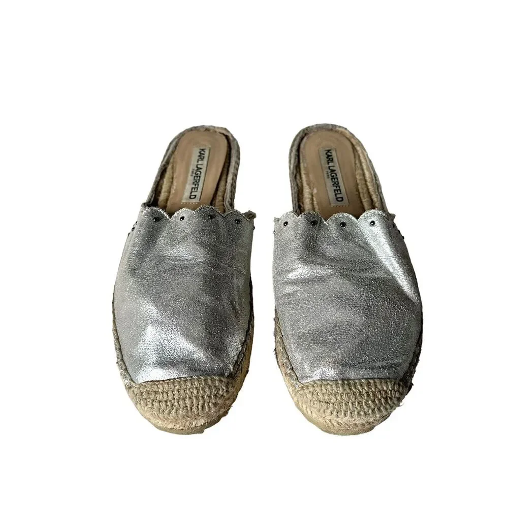 Karl Lagerfeld Metallic Silver Espadrille Slides Slip on‎ Shoes Women Size 7.5